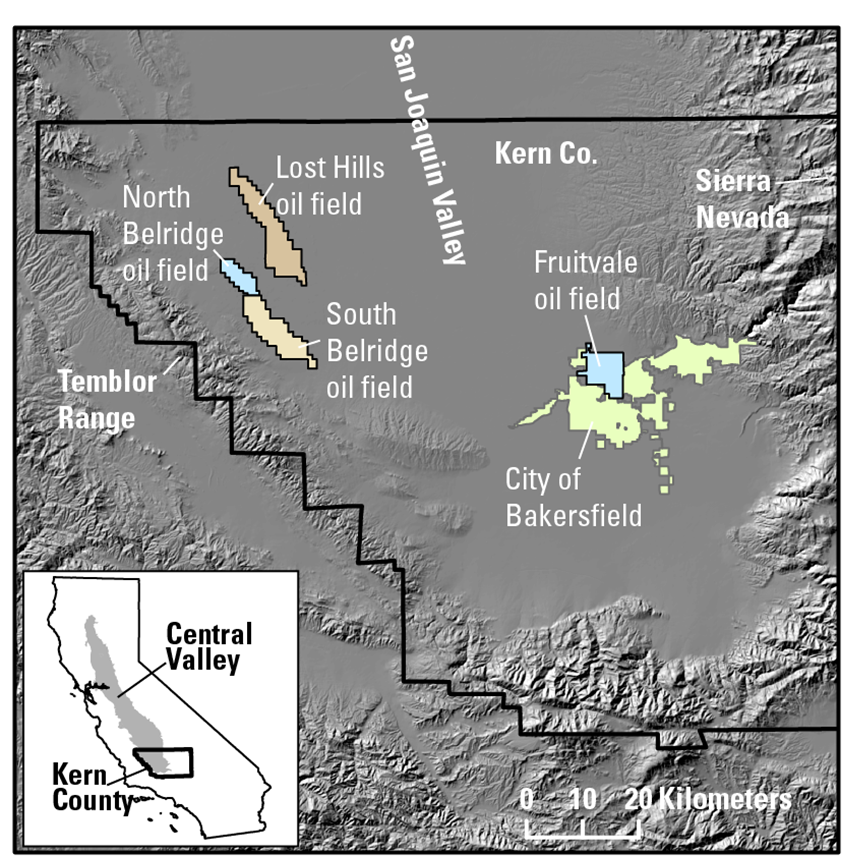 Map showing location of North and South Belridge and Lost Hills oil field locations in the San Joaquin Valley, California.