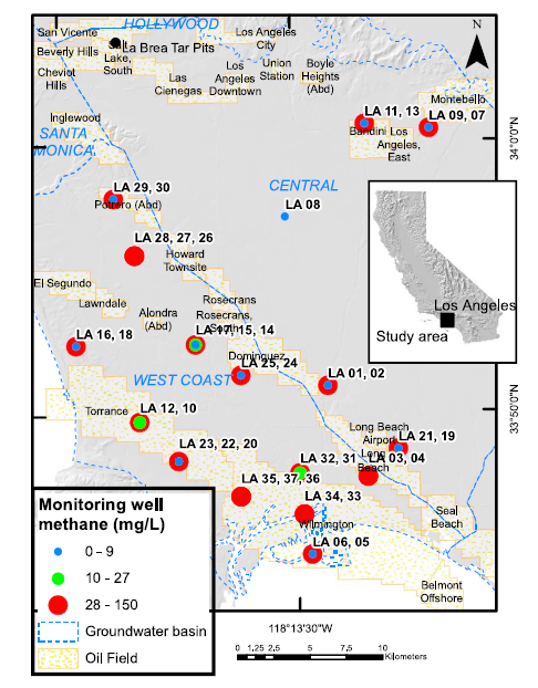 Map showing location and relative concentrations of methane in groundwater at multiple depths. Labels next to points correspond to study well numbers, ordered from shallowest to deepest well. The symbol for shallower wells plots on top of that of deeper wells and is generally smaller as methane concentrations typically increase with depth with the following exceptions: site LA23, 22, 20, methane was highest in the shallowest well; site LA 17, 15, 14, methane was intermediate in the shallowest well, lowest in the middle well, and highest in the deep well. If a single symbol is shown at a monitoring site, all wells at that site had methane concentrations in the same range.