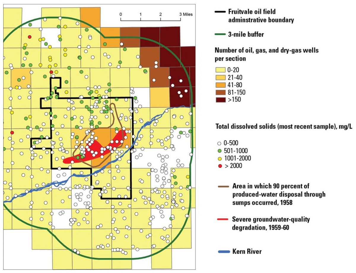 Map of available groundwater salinity data, measured at water supply wells, within a 3 mile buffer of the Fruitvale oil field. The density of oil and gas wells is mapped by section with the darker colors having higher well densities.