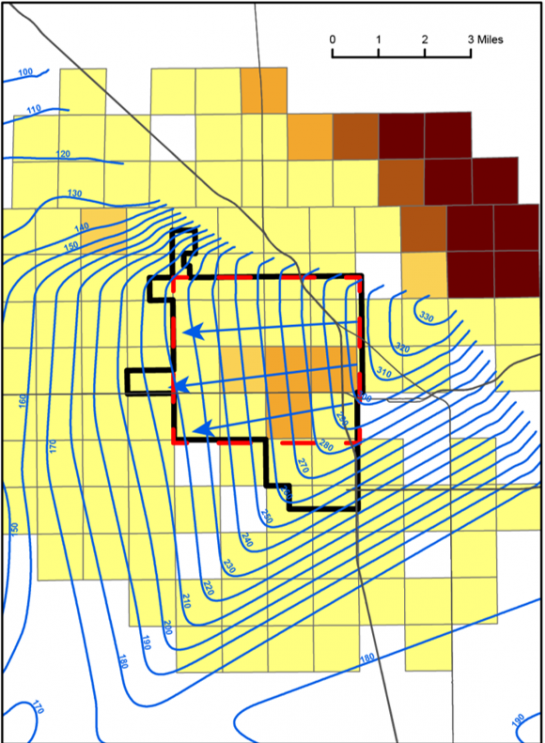 <em>Map of water table contours at Fruitvale oil field. Blue arrows indicate flow paths selected for sampling.</em>