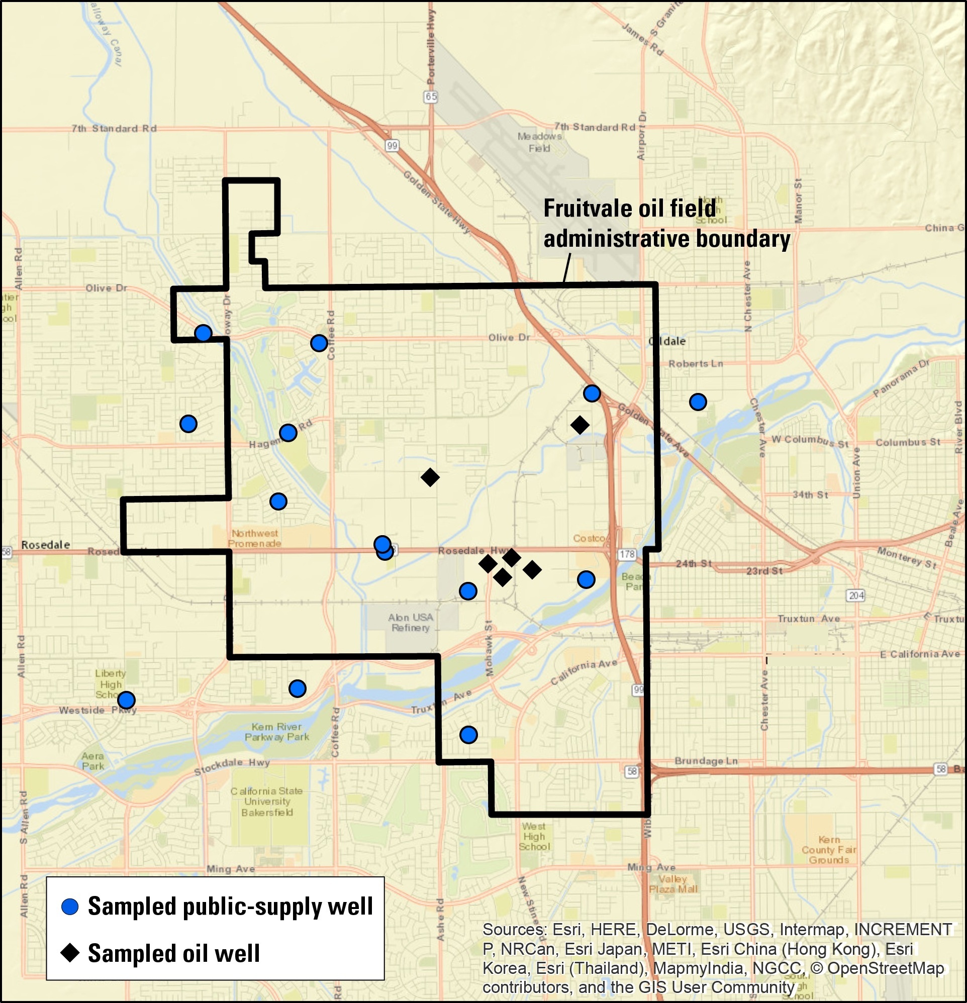 Public supply wells shown on map with blue dots. Sampled oil wells shown with black diamonds