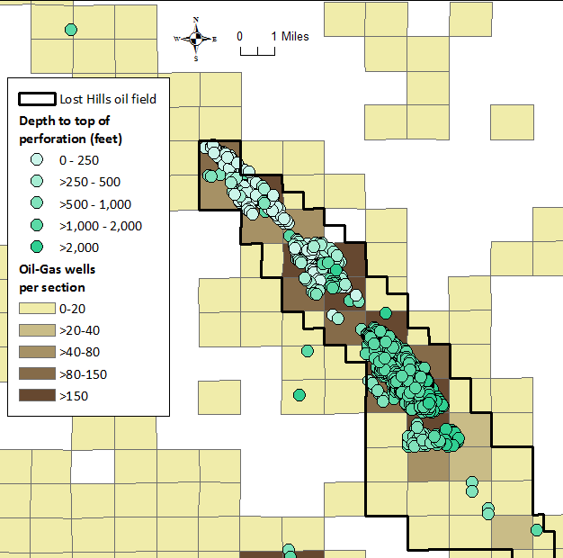 Depth to the top of perforation shown with turquoise color ramp.