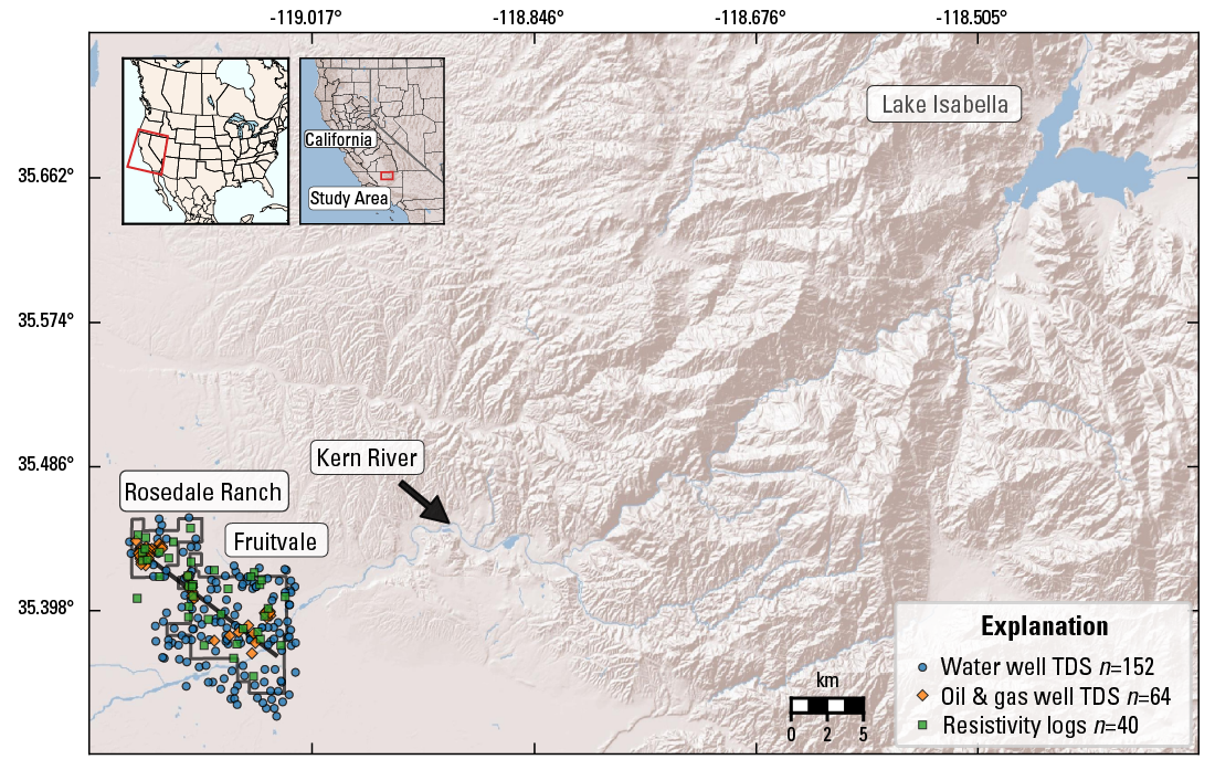 Fruitvale water wells, oil and gas wells, and resistivity logs shown downstream from Lake Isabella on a map