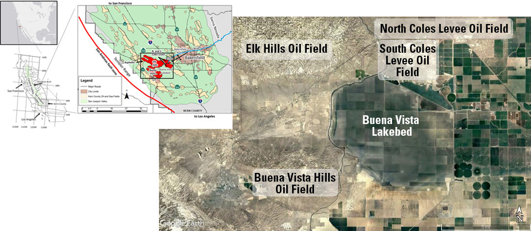 <em>Figure 1. Study area map and close-up of area around Buena Vista Lakebed (base images from Google Earth, copyright 2018).</em>
