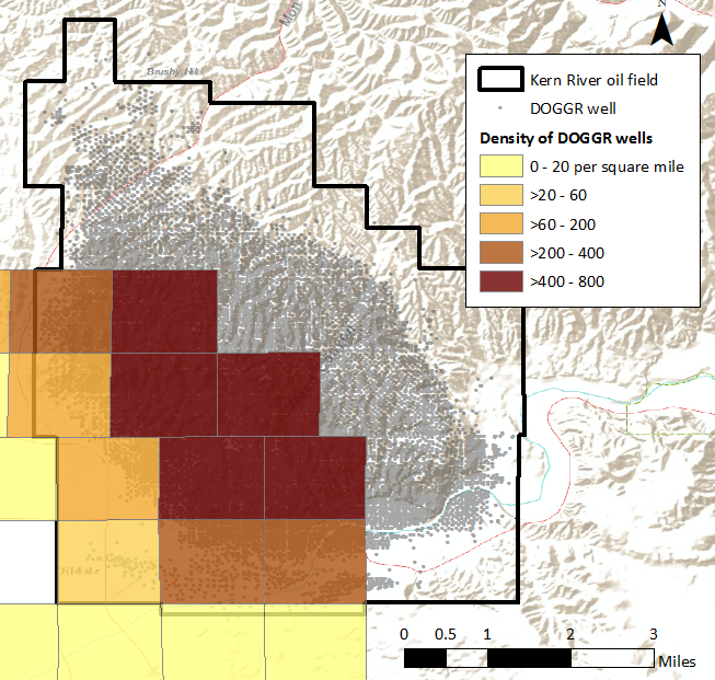 Density of oil and gas wells at Kern River oil field, illustrated in two ways - with individual dots for each well, and with a color gradient map over the southwest part of the mapped area.
