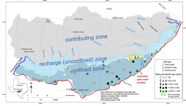 Map of the contributing, recharge (unconfined), and confined zone, showing the location of public supply, domestic, and monitoring wells within the unconfined and confined zones.