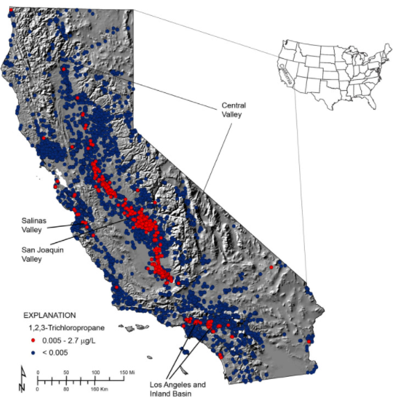 Red dots showing groundwater samples above MCL for 1,2,3-TCP and blue dots below the MCL