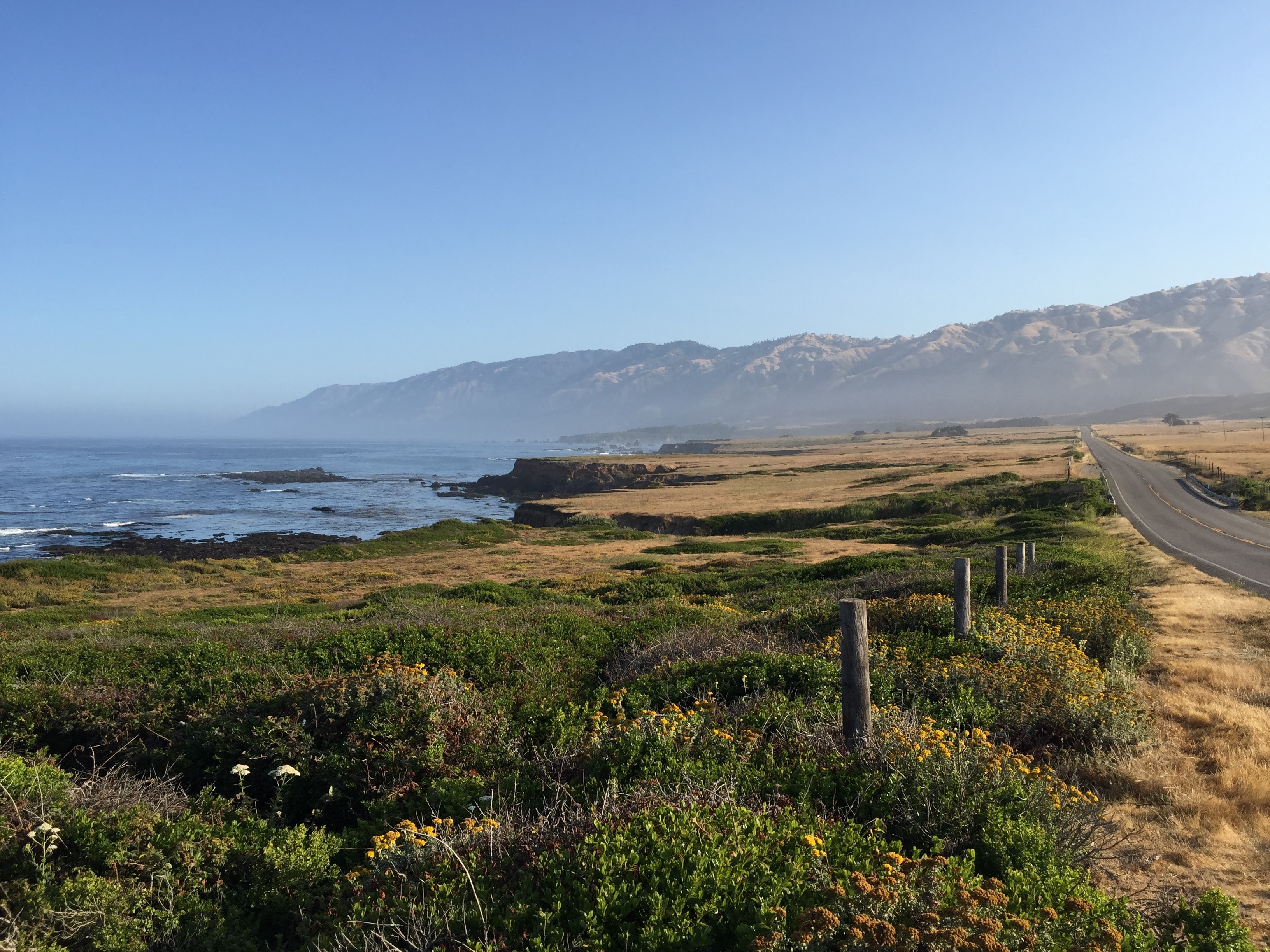 Near San Simeon, view looks north up Highway 1 along the California coast toward Big Sur