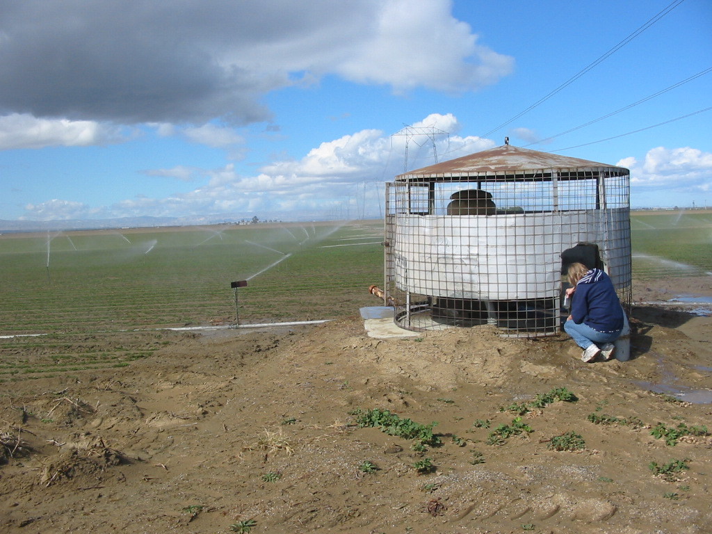 USGS scientists measuring a groundwater well on a farm with irrigated fields in the background near Edison