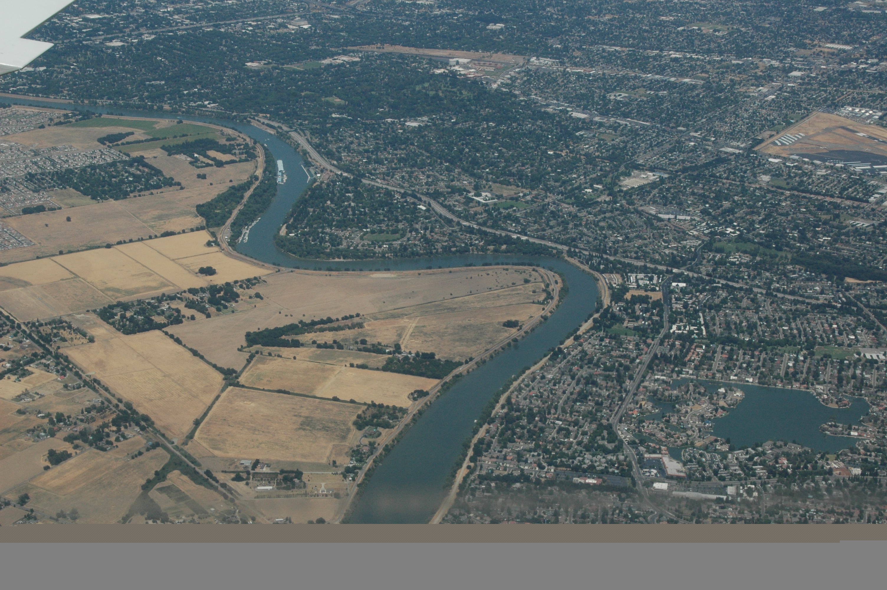 Aerial view of Sacramento urban area next to Sacramento River