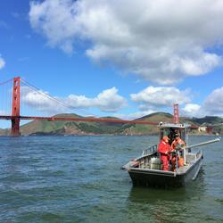 USGS field team taking real time velocity measurements from boat at Golden Gate Bridge