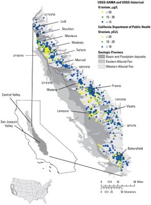 Map of California showing concentrations of uranium.