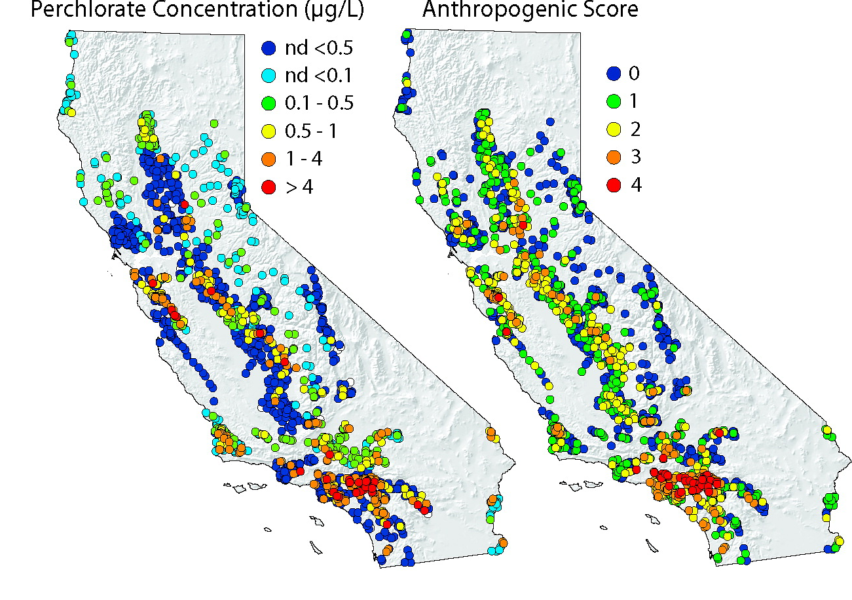 Circles showing perchlorate concentrations and anthropogenic scores across California
