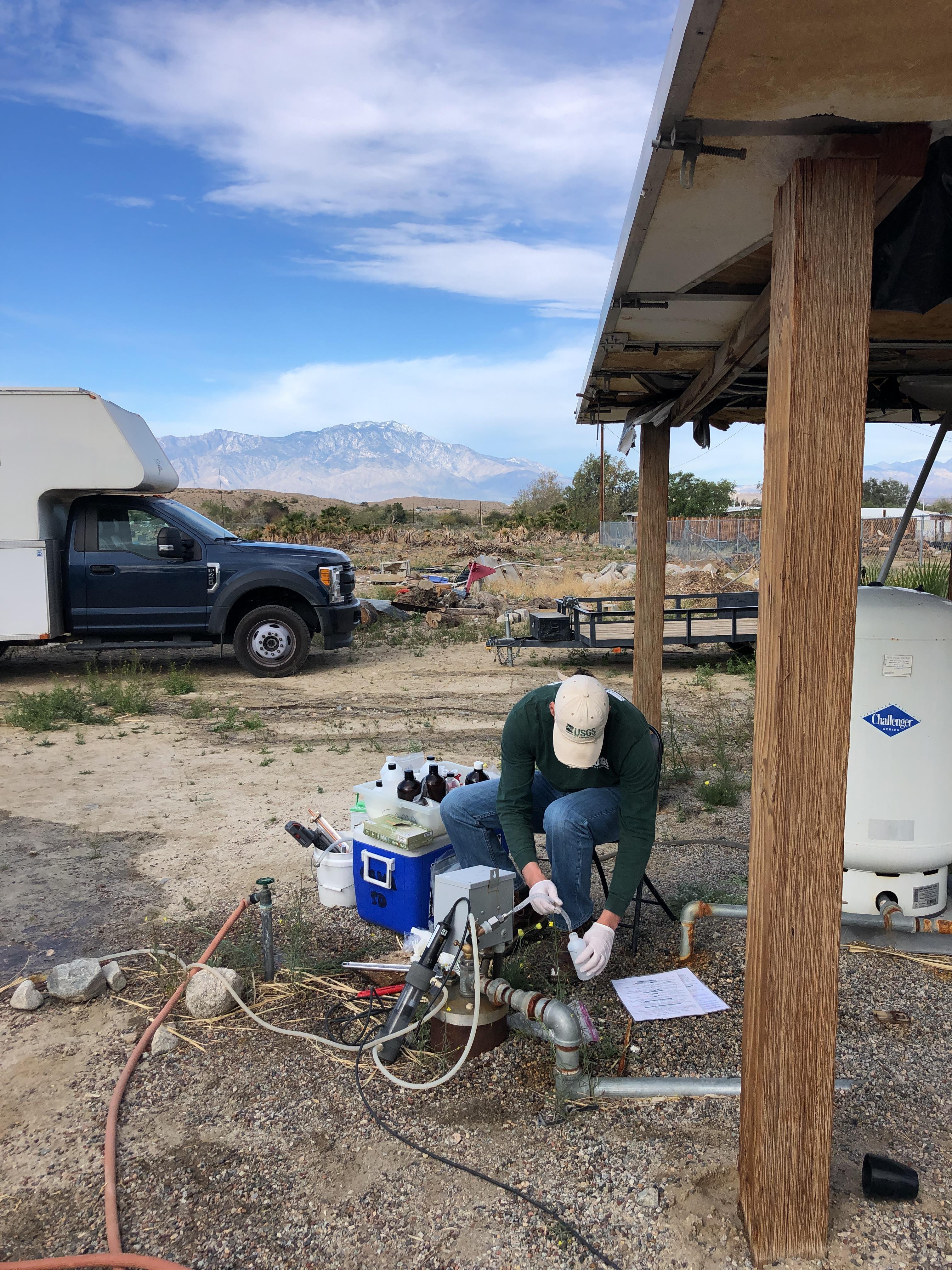USGS hydrologic technician sampling a groundwater well in Coachella Valley