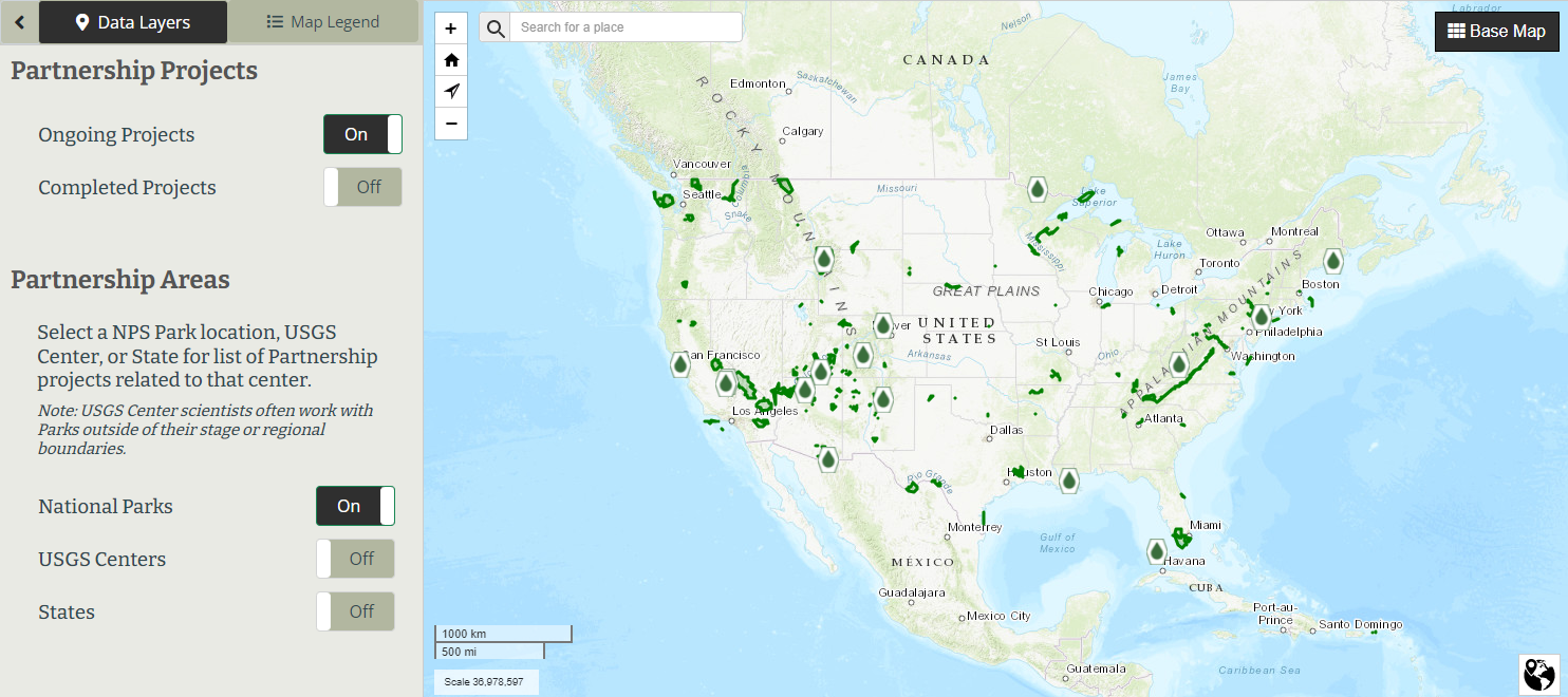 Screenshot of map showing ongoing projects and NPS parks with Partership projects