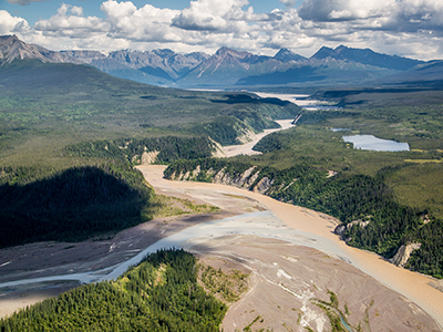 Confluence of Kennicott and Nizina rivers surrounded by forest and mountains